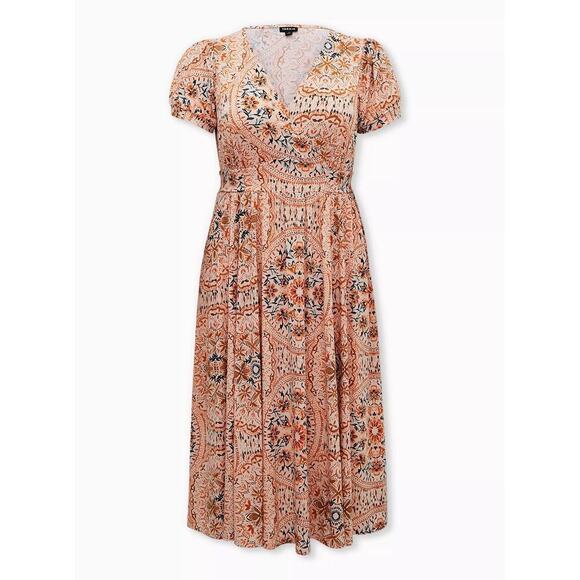 NWT Torrid Peach Medallion Studio Knit Puff Sleeve Skater Midi Dress Size 2 2X - Picture 1 of 3